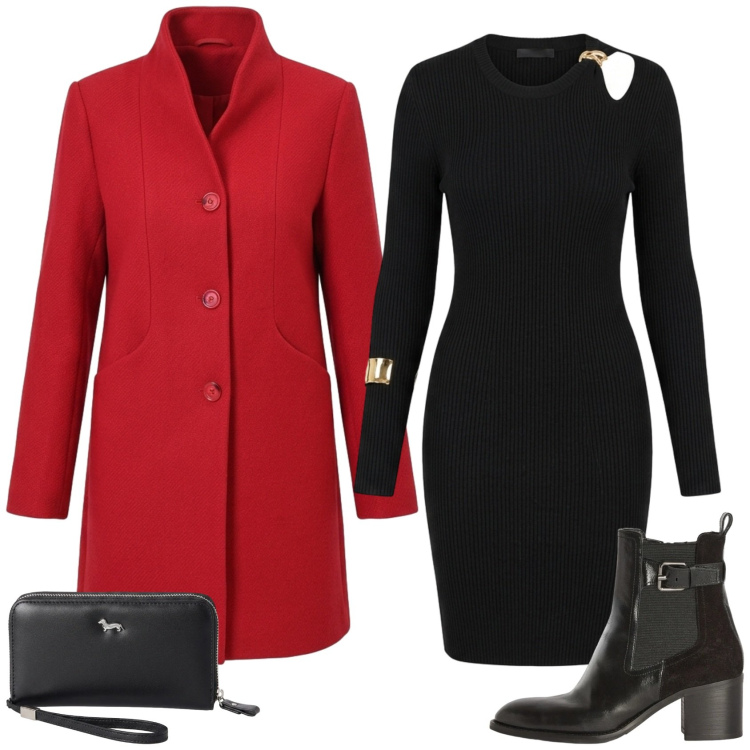 Outfit donna - Pop of red - Focus Donna Curvy. Stile Chic per Serata fuori. Abbinamento con stivaletti, portafogli, vestiti asimmetrici, cappotti.