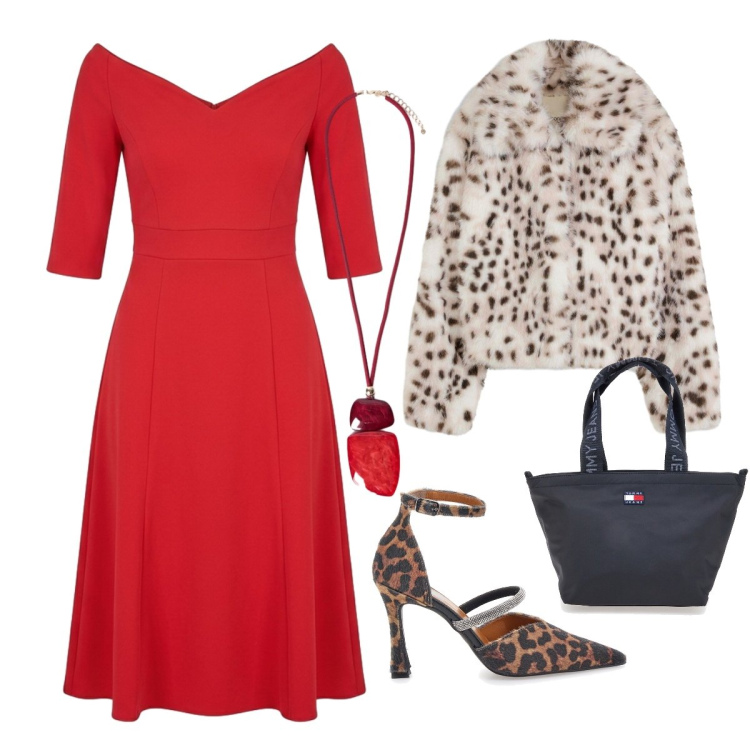 Outfit donna - Un tocco di rosso. Stile Sexy per Serata fuori. Abbinamento con ciondoli, vestiti midi/longuette, décolleté, ecopellicce, borse tote.