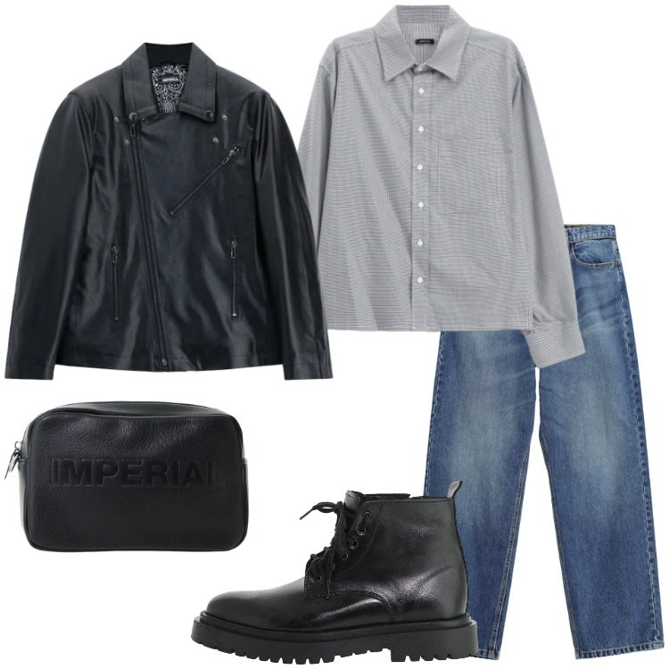 Outfit uomo - Denim & Leather. Stile Trendy per Serata speciale. Abbinamento con jeans, camicie, anfibi, giacche, portafogli.