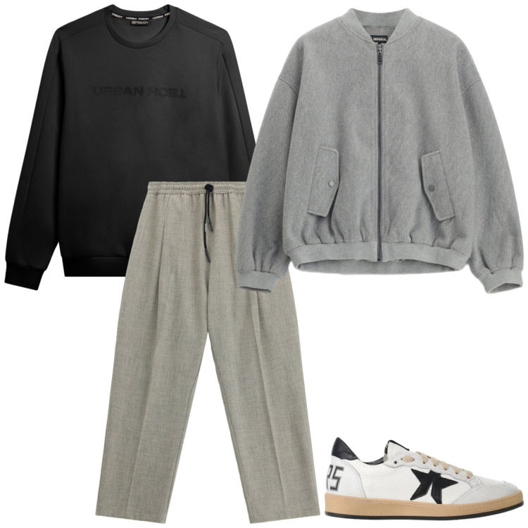 Outfit uomo - Mattina al mercatino. Stile Trendy per Tutti i giorni. Abbinamento con pantaloni, sneakers, bomber, felpe.