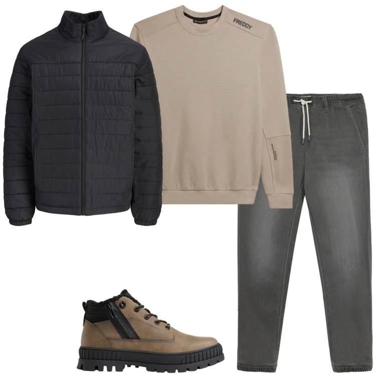 Outfit uomo - Sunday morning. Stile Casual per Tutti i giorni. Abbinamento con felpe, jeans dritti, giacche, stivali e stivaletti.