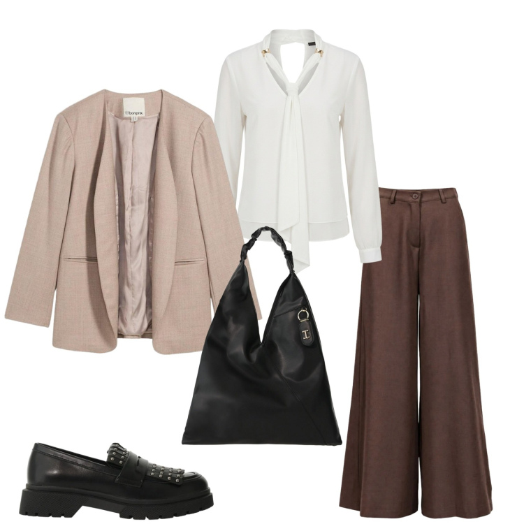 Outfit donna - Total look #2495173. Stile Casual chic per Ufficio. Abbinamento con pantaloni a palazzo, mocassini, borse a spalla, bluse, blazer.