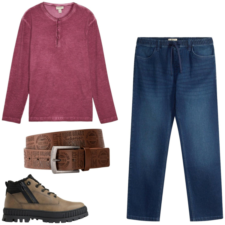 Outfit uomo - Total look #2495174. Stile Casual per Tutti i giorni. Abbinamento con cinture, jeans dritti, stivali e stivaletti, t-shirt.