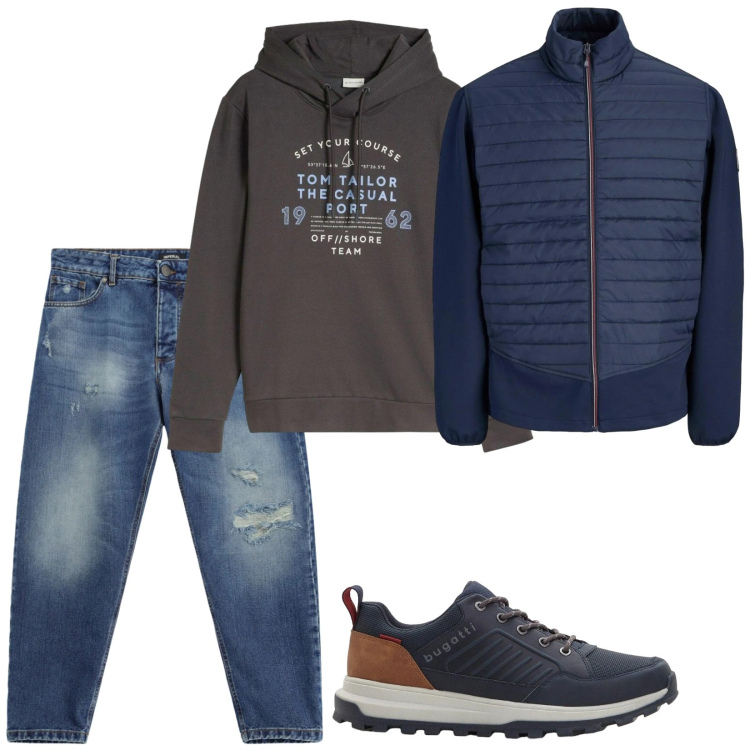Outfit uomo - Il piumino per l'autunno. Stile Casual per Tutti i giorni. Abbinamento con jeans strappati, sneakers, giacche, felpe con cappuccio.