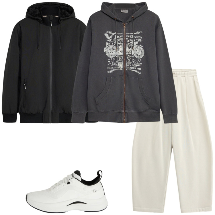 Outfit uomo - Ok cosi. Stile Casual per Tutti i giorni. Abbinamento con pantaloni, sneakers, felpe con cappuccio, bomber.