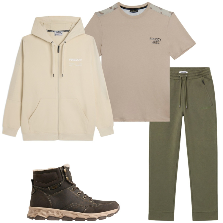 Outfit uomo - Passeggiata nella natura. Stile Casual per Sport. Abbinamento con t-shirt, felpe con cappuccio, pantaloni, stivali e stivaletti.