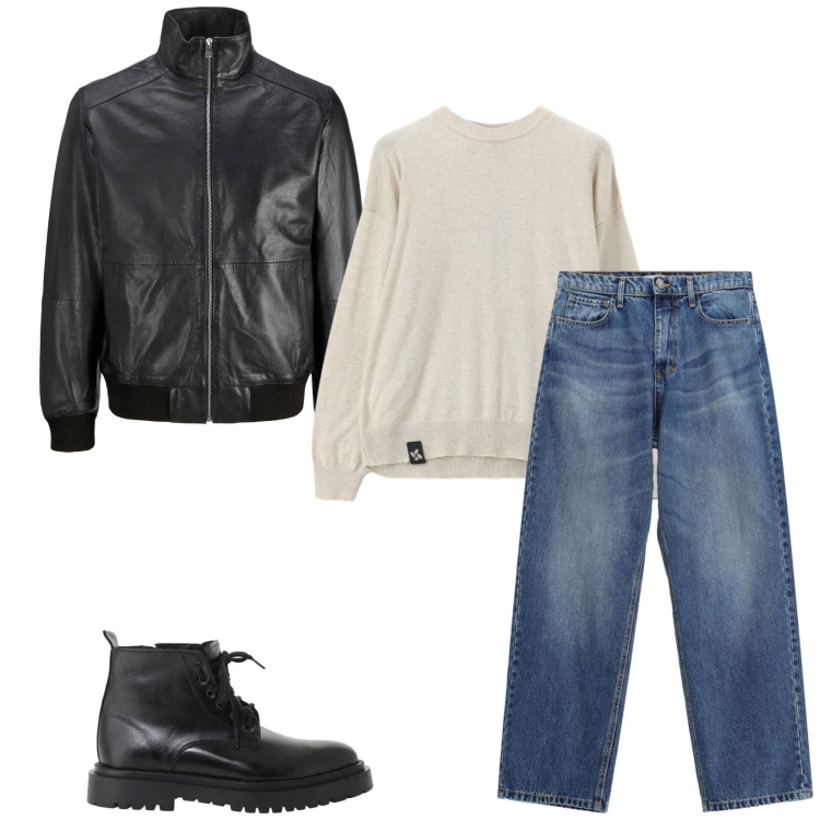 Outfit uomo - Total look #2495182. Stile Urban per Tutti i giorni. Abbinamento con jeans, maglieria, anfibi, giacche.