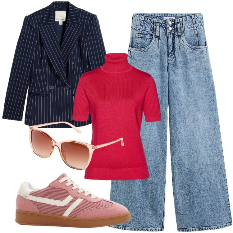 Outfit donna - Il pranzo fuori della domenica. Stile Casual per Tutti i giorni. Abbinamento con maglieria, sneakers, jeans, blazer, occhiali da sole.
