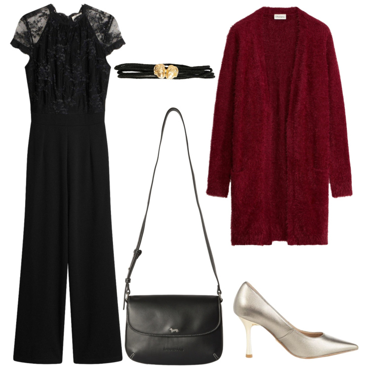 Outfit donna - La tuta con pizzo per un aperitivo glam. Stile Chic per Serata fuori. Abbinamento con borse a tracolla, décolleté, cinture, tute, cardigans.