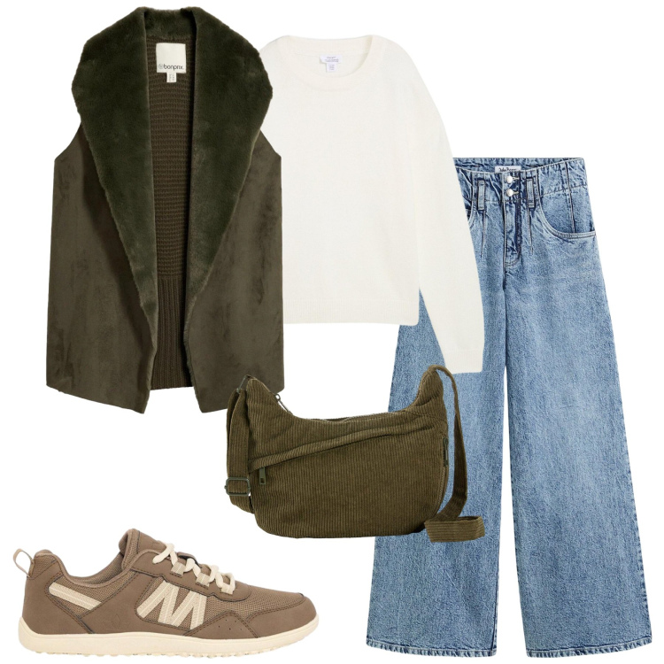 Outfit donna - City. Stile Casual chic per Tutti i giorni. Abbinamento con piumini, jeans, maglieria, borse a tracolla, sneakers.