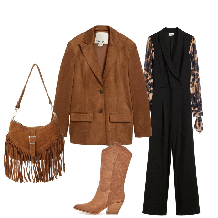 Outfit donna - Urban cowboy glam. Stile Urban per Tutti i giorni. Abbinamento con borse a spalla, blazer, stivaletti texani, tute.