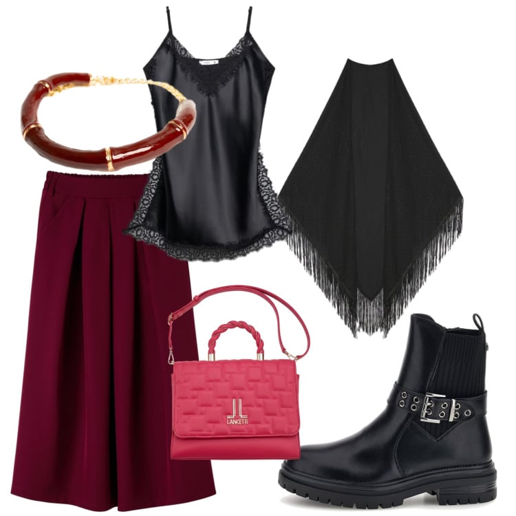 Outfit donna - Total look #2495213. Stile Vintage retrò per Serata fuori. Abbinamento con foulard, collane, gonne lunghe, top, stivaletti chelsea, borse a mano.