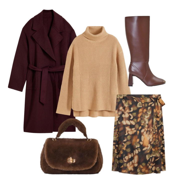Outfit donna - Fine ottobre. Stile Trendy per Tutti i giorni. Abbinamento con gonne longuette, borse a mano, stivali sopra il ginocchio, maglieria, cappotti.