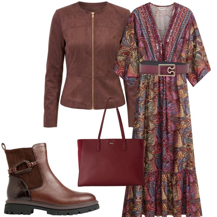 Outfit donna - Boho chic autunnale. Stile Boho per Tutti i giorni. Abbinamento con shopping bag, cinture, blazer, vestiti lunghi, stivaletti.
