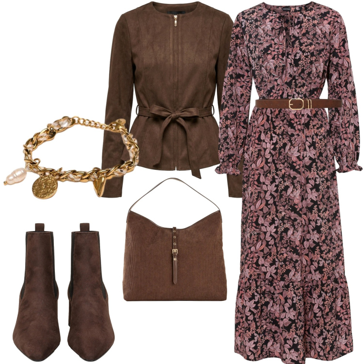 Outfit donna - Boho chic autunnale. Stile Boho per Tutti i giorni. Abbinamento con stivaletti, blazer, braccialetti, cinture, vestiti lunghi, shopping bag.