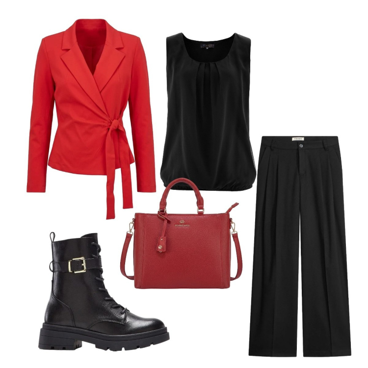 Outfit donna - Rosso raffinato. Stile Preppy per Serata fuori. Abbinamento con blazer, pantaloni a palazzo, top, borse a tracolla, anfibi.