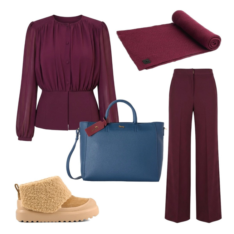 Outfit donna - Appuntamento speciale. Stile Bon Ton per Serata fuori. Abbinamento con borse a mano, pantaloni a palazzo, bluse, sciarpe, stivaletti.