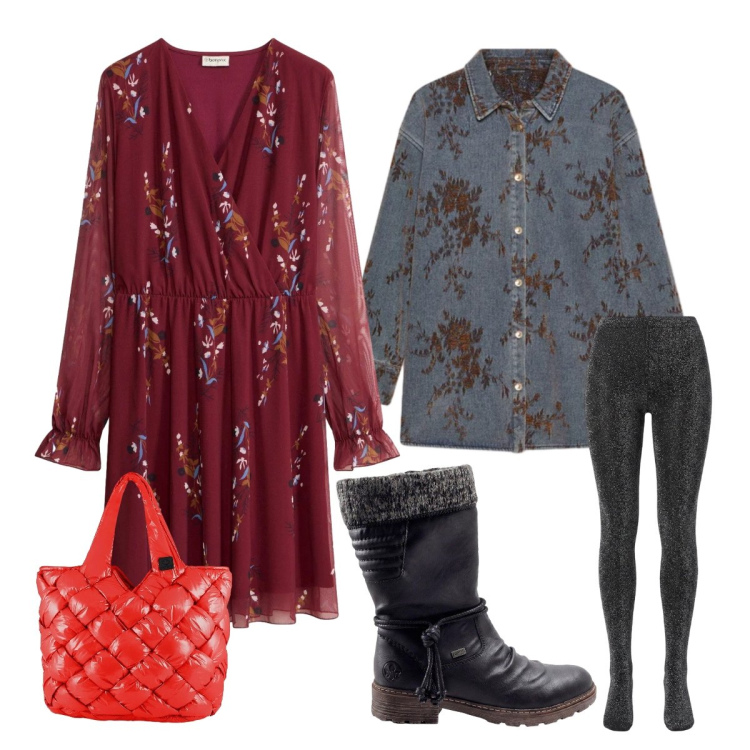 Outfit donna - Abito fluido red. Stile Casual per Serata fuori. Abbinamento con collant, cappotti, borse tote, vestiti, stivali.