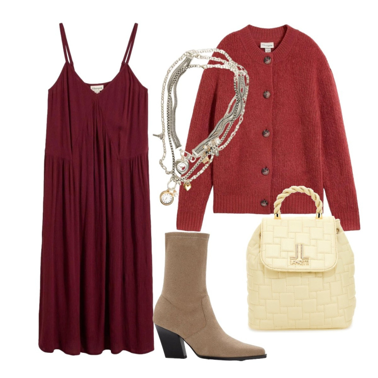 Outfit donna - Rosso seducente. Stile Sexy per Serata fuori. Abbinamento con collane, vestiti midi/longuette, zaini, stivaletti, cardigans.
