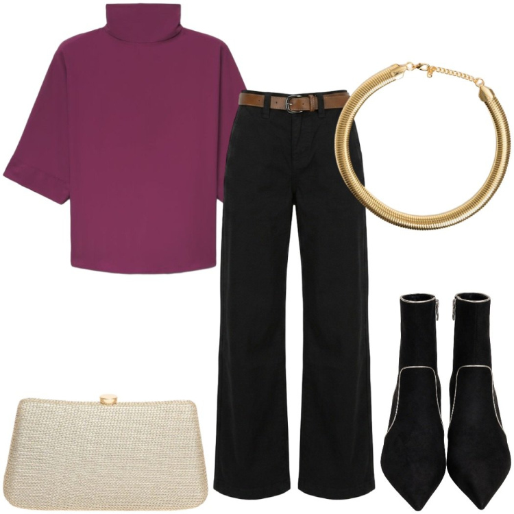Outfit donna - Aperitivo glam - Focus Donna Curvy oro. Stile Glamour per Serata fuori. Abbinamento con pantaloni, stivaletti, collane, clutch, bluse.