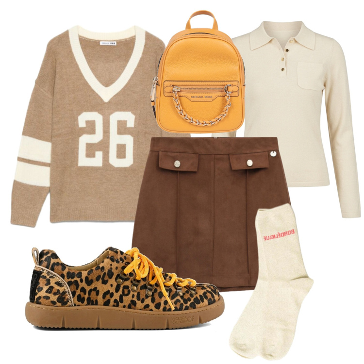 Outfit donna - Ultime giornate di sole. Stile Casual per Tutti i giorni. Abbinamento con minigonne, calzini, t-shirt, zaini, maglieria, sneakers.