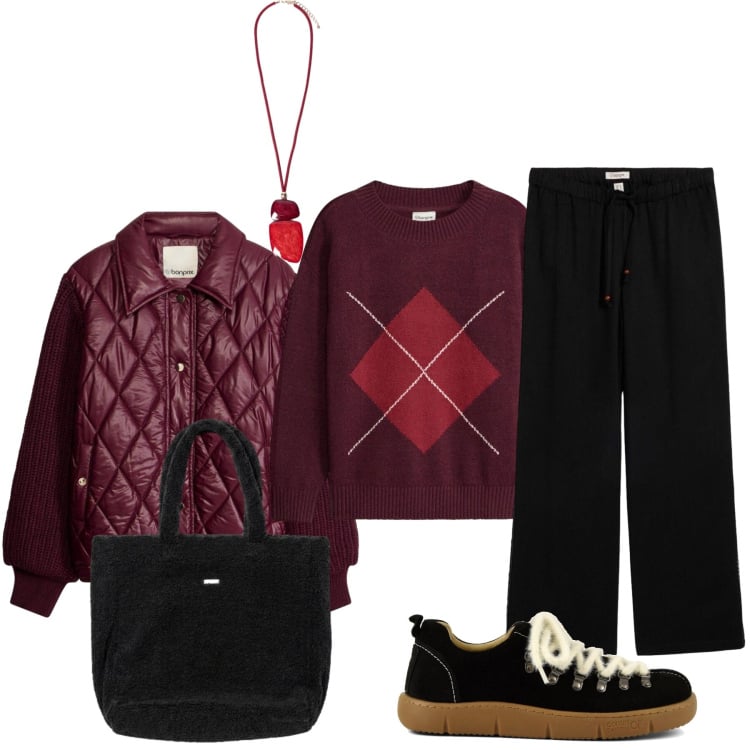 Outfit donna - In città. Stile Casual chic per Tutti i giorni. Abbinamento con ciondoli, borse a mano, bomber, pantaloni, maglieria, sneakers.