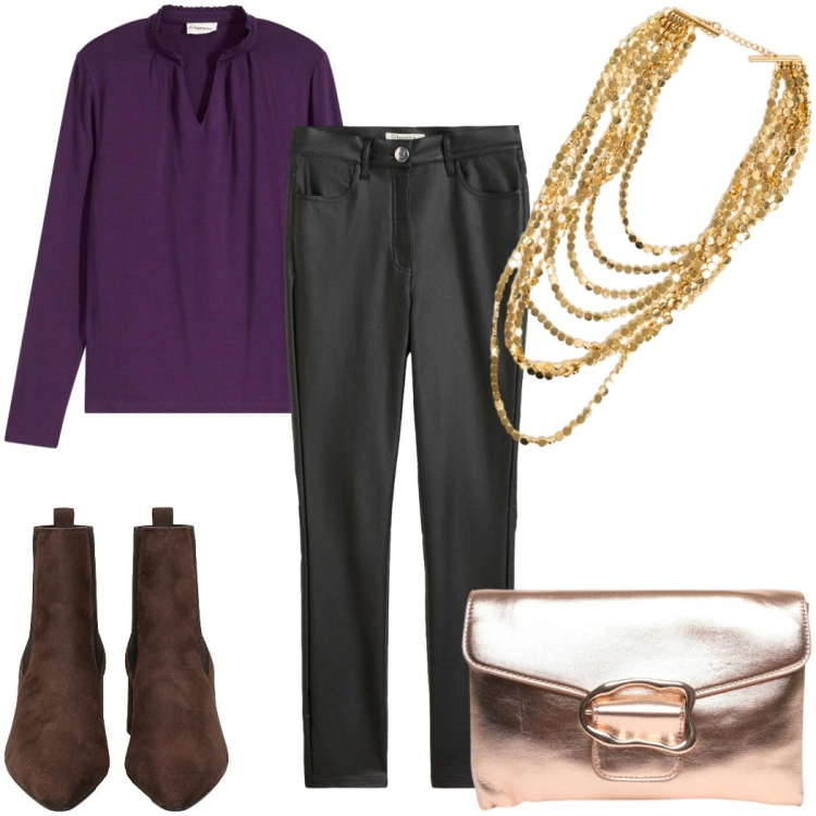 Outfit donna - Aperitivo glam - colori glam. Stile Glamour per Serata fuori. Abbinamento con collane, clutch, stivaletti, pantaloni, bluse.