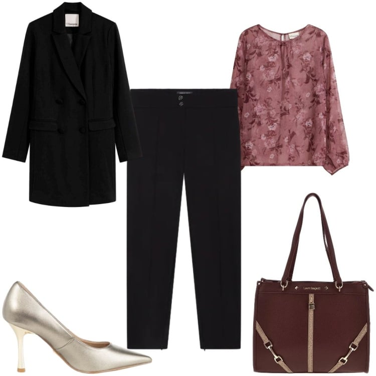 Outfit donna - Aperitivo glam - décolleté d'oro. Stile Glamour per Serata fuori. Abbinamento con pantaloni skinny, décolleté, blazer, tuniche, borse a spalla.