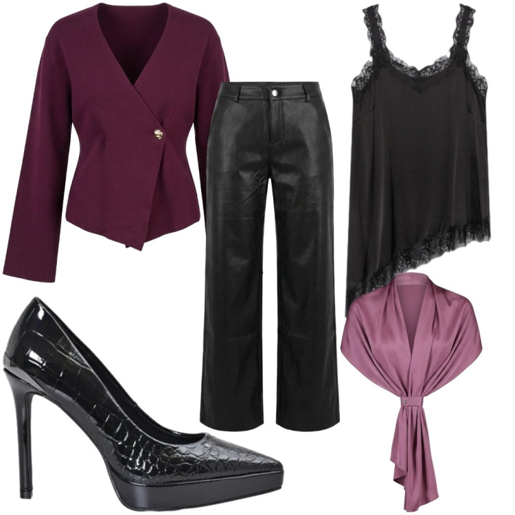Outfit donna - Aperitivo glam - top nero. Stile Glamour per Serata fuori. Abbinamento con top, stole, décolleté, cardigans, pantaloni.