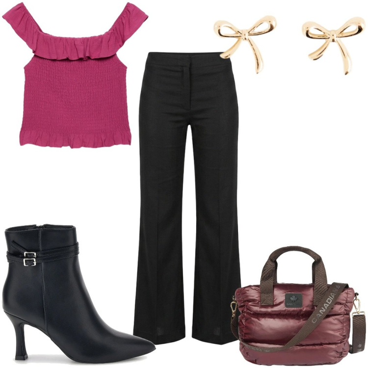 Outfit donna - Aperitivo glam - Focus Donna Curvy. Stile Glamour per Serata fuori. Abbinamento con borse a tracolla, pantaloni, top, stivaletti, orecchini.