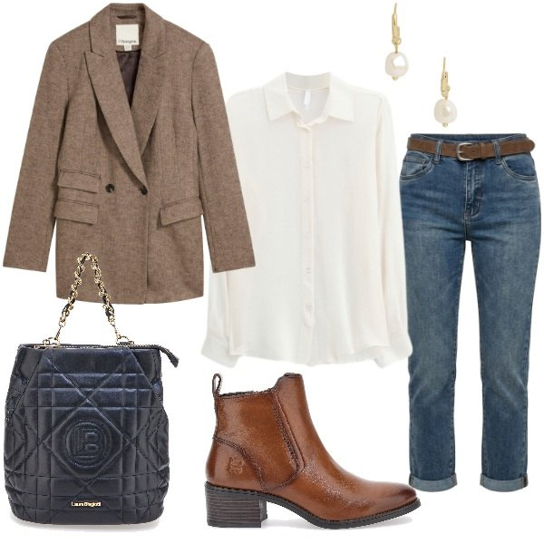 Outfit donna - Jeans tutto il giorno. Stile Casual chic per Ufficio. Abbinamento con camicie, orecchini, jeans dritti, blazer, stivaletti, zaini.