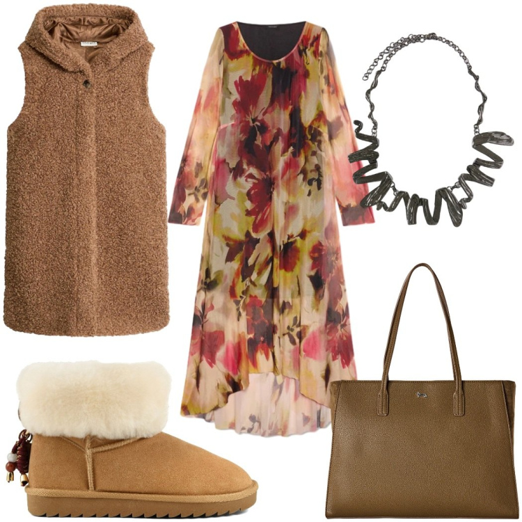 Outfit donna - Stile Boho Chic autunnale giorni freschi. Stile Boho per Tutti i giorni. Abbinamento con shopping bag, vestiti lunghi, ciondoli, stivali, gilet.