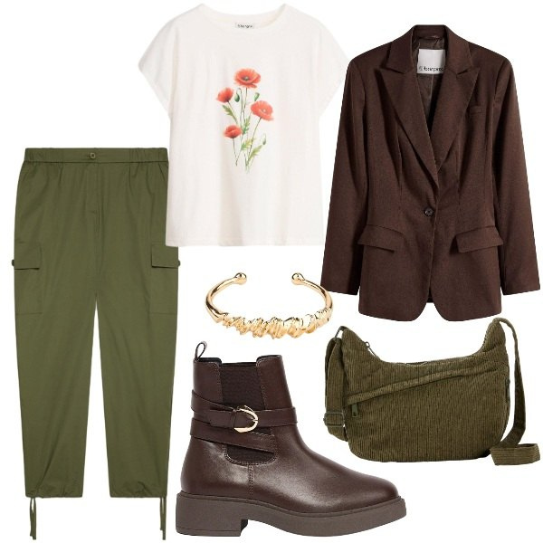 Outfit donna - Comfy chic. Stile Casual chic per Serata fuori. Abbinamento con pantaloni cargo, blazer, borse a tracolla, t-shirt, braccialetti, stivaletti.