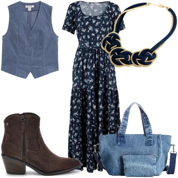 Outfit donna - Stile Boho Chic autunnale in blu. Stile Boho per Tutti i giorni. Abbinamento con collane, borse a mano, vestiti lunghi, stivaletti texani, gilet.