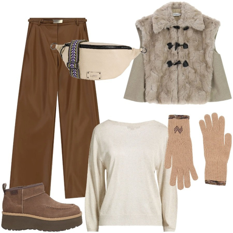Outfit donna - Fine settimana in montagna. Stile Casual chic per Tutti i giorni. Abbinamento con pantaloni, gilet, stivaletti, pullovers, marsupi, guanti.