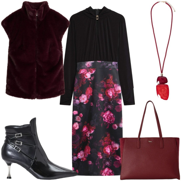 Outfit donna - Stile Boho Chic autunnale in rosso. Stile Boho per Serata fuori. Abbinamento con shopping bag, ciondoli, stivaletti, vestiti lunghi, gilet.