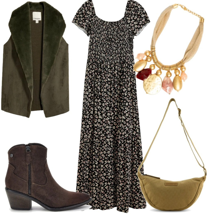 Outfit donna - Stile Boho Chic autunnale verde bosco. Stile Boho per Tutti i giorni. Abbinamento con collane, piumini, vestiti lunghi, borse a tracolla, stivaletti texani.