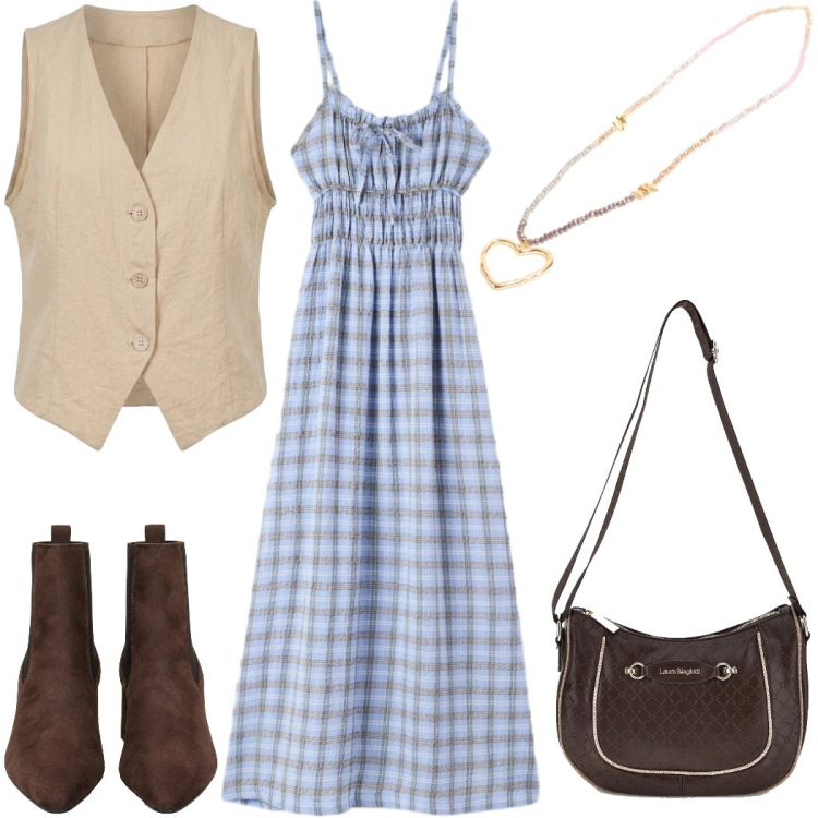 Outfit donna - Stile Boho Chic autunnale : vichy. Stile Boho per Tutti i giorni. Abbinamento con gilet, collane, stivaletti, vestiti lunghi, borse a tracolla.