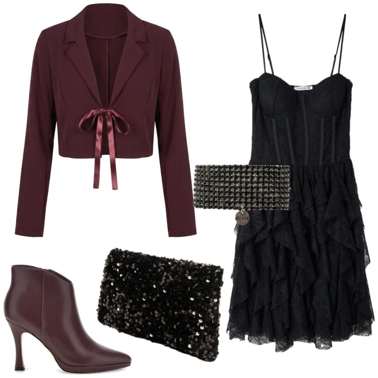 Outfit donna - Total look #2495271. Stile Rock per Serata fuori. Abbinamento con braccialetti, pochette, blazer, vestiti corti, stivaletti.