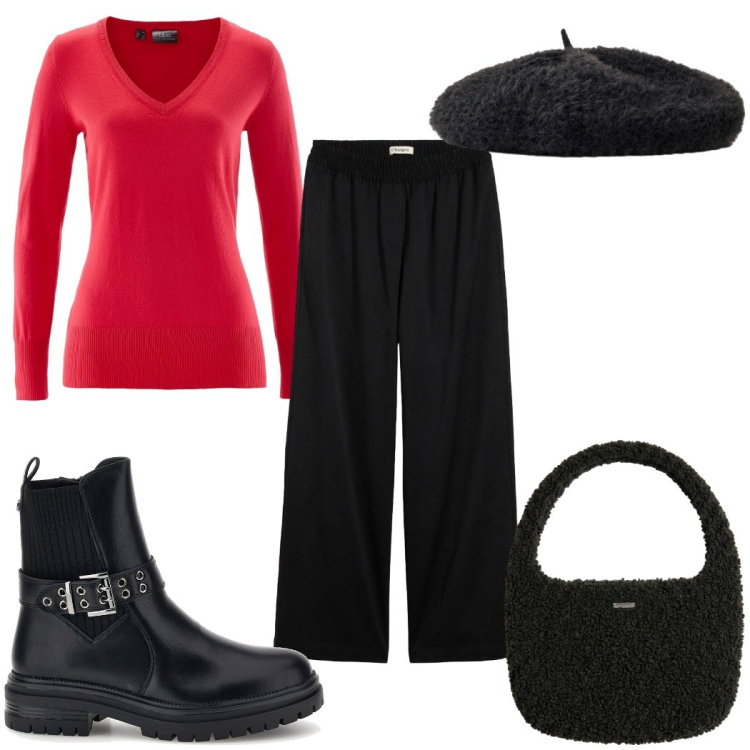 Outfit donna - Pop of red - minimal. Stile Minimal per Tutti i giorni. Abbinamento con borse a mano, maglieria, pantaloni a palazzo, cappelli e berretti, stivaletti chelsea.