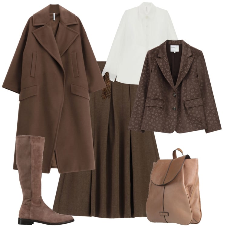 Outfit donna - Casual chic ufficio tempo libero. Stile Casual chic per Ufficio. Abbinamento con cappotti, gonne lunghe, camicie, blazer, stivali, zaini.