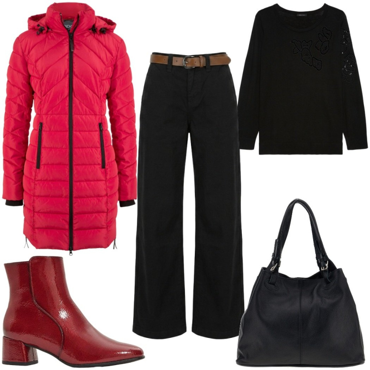 Outfit donna - Pop of red - il cappotto. Stile Trendy per Tutti i giorni. Abbinamento con maglieria, pantaloni, blazer, borse a spalla, stivaletti.