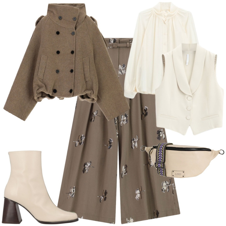 Outfit donna - Chic ufficio tempo libero. Stile Chic per Ufficio. Abbinamento con bomber, pantaloni a palazzo, camicie, gilet, stivaletti, marsupi.