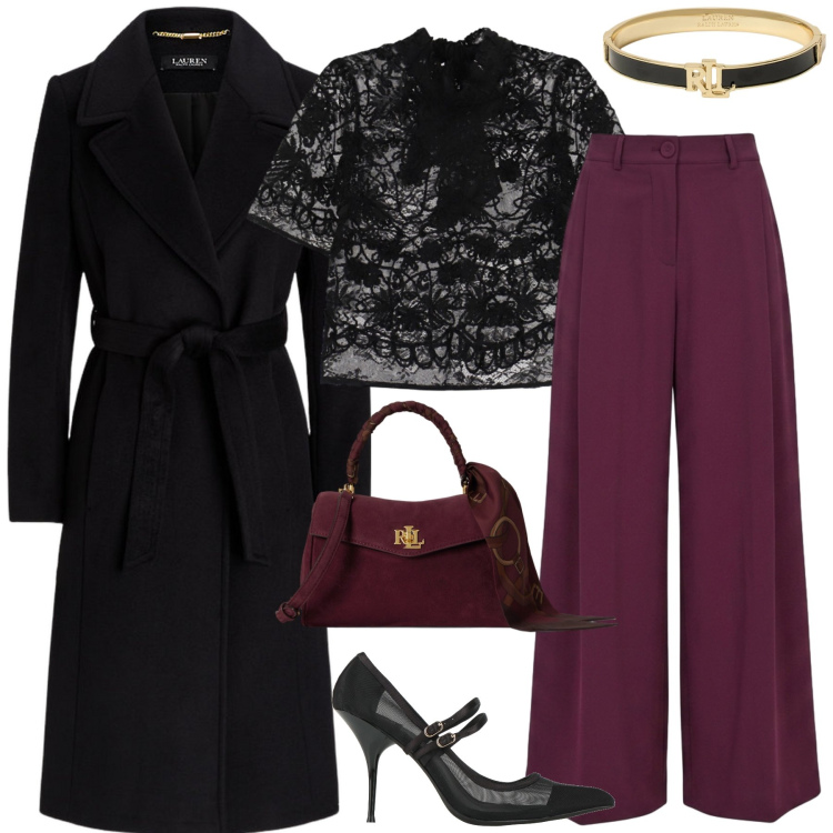 Outfit donna - Total look #2495297. Stile Chic per Serata fuori. Abbinamento con top, cappotti, borse a mano, braccialetti, pantaloni a palazzo, décolleté.