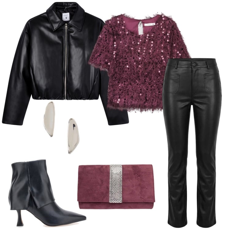 Outfit donna - Total look #2495298. Stile Rock per Serata fuori. Abbinamento con orecchini, pantaloni, clutch, top, giacche, stivaletti.