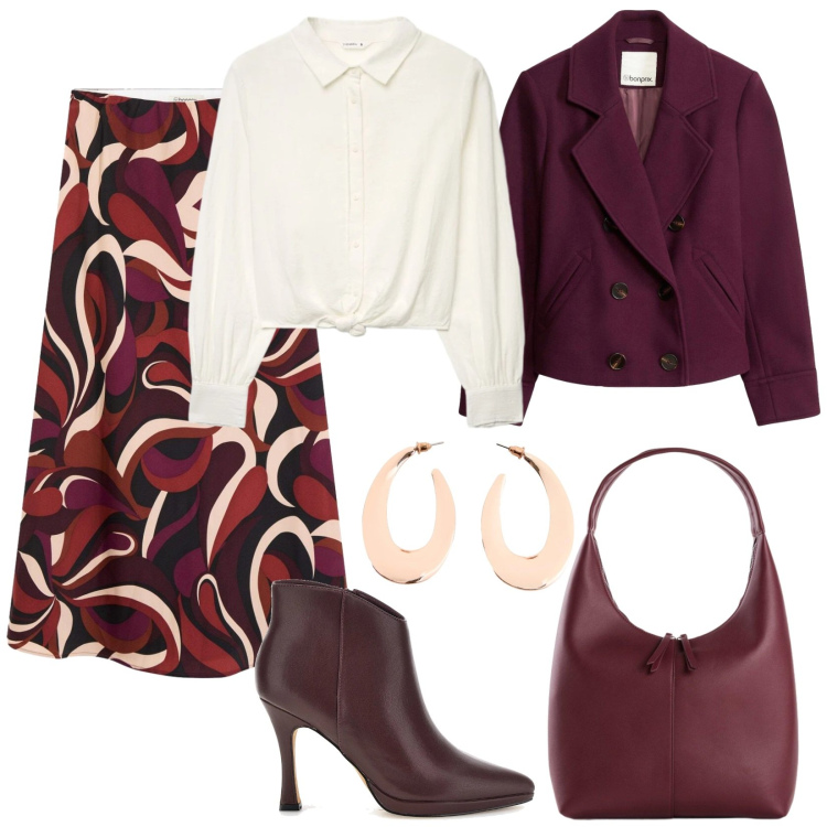 Outfit donna - Urban chic. Stile Chic per Tutti i giorni. Abbinamento con camicie, stivaletti, blazer, orecchini, borse a mano, gonne longuette.