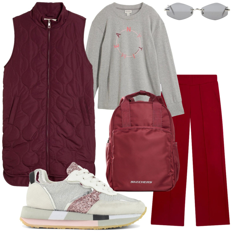 Outfit donna - Contemporary Edge. Stile Sporty chic per Tutti i giorni. Abbinamento con occhiali da sole, pantaloni, sneakers, zaini, t-shirt, piumini.