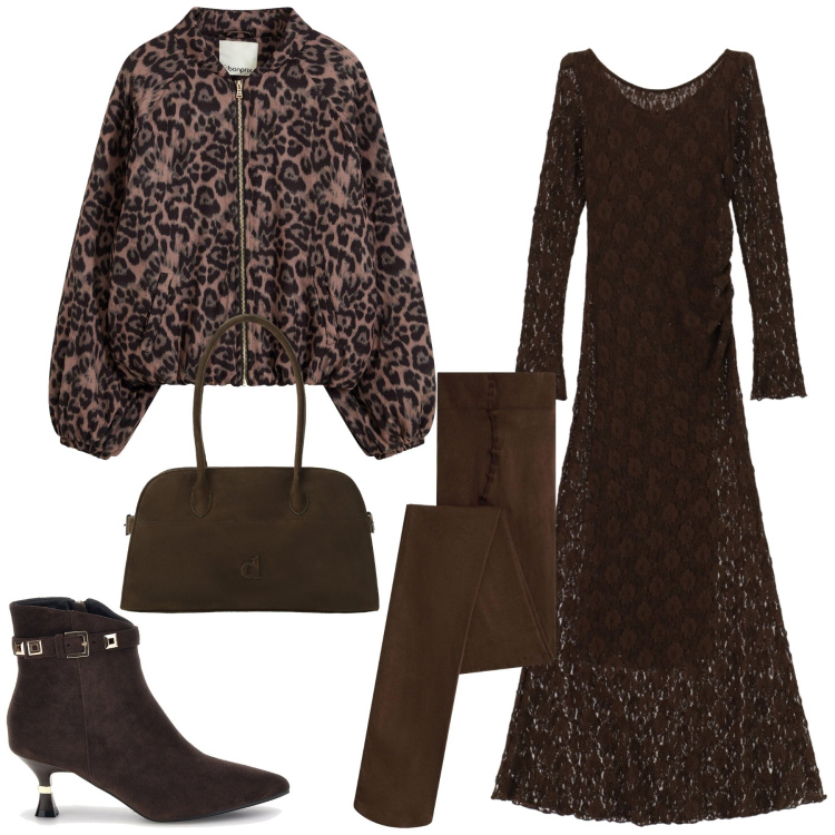 Outfit donna - Total look #2495302. Stile Casual chic per Tutti i giorni. Abbinamento con vestiti lunghi, borse a spalla, stivaletti, bomber, collant.