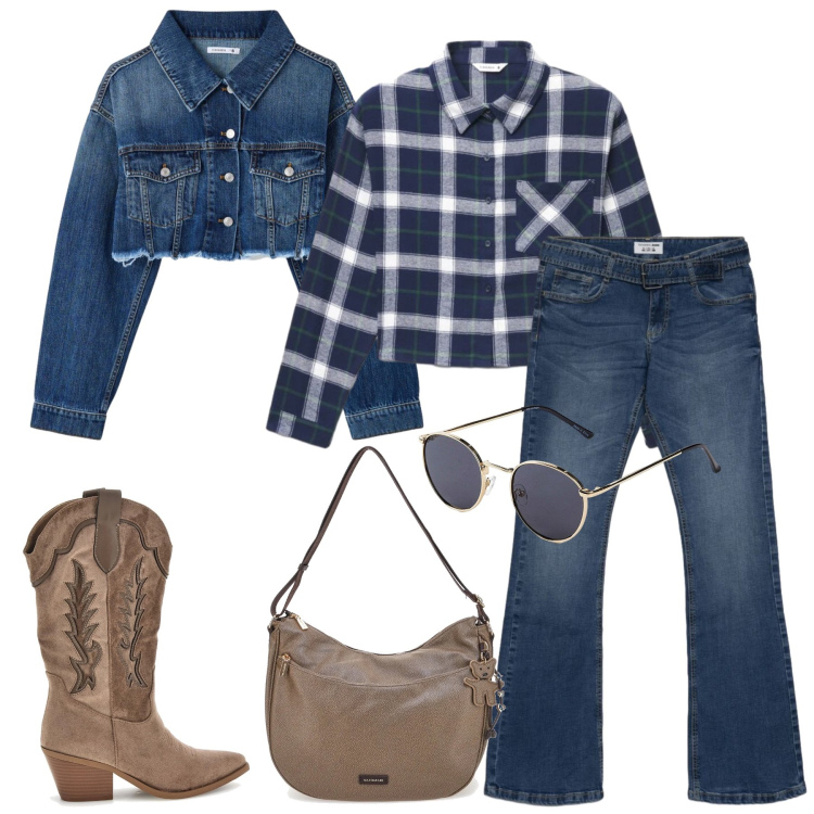 Outfit donna - Total look #2495303. Stile Casual per Tutti i giorni. Abbinamento con cappotti, camicie, jeans a zampa, occhiali da sole, borse a spalla, stivaletti texani.