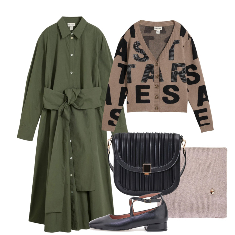 Outfit donna - Comfy chic. Stile Casual chic per Tutti i giorni. Abbinamento con borse a tracolla, sciarpe, ballerine, cardigans, vestiti chemisier.